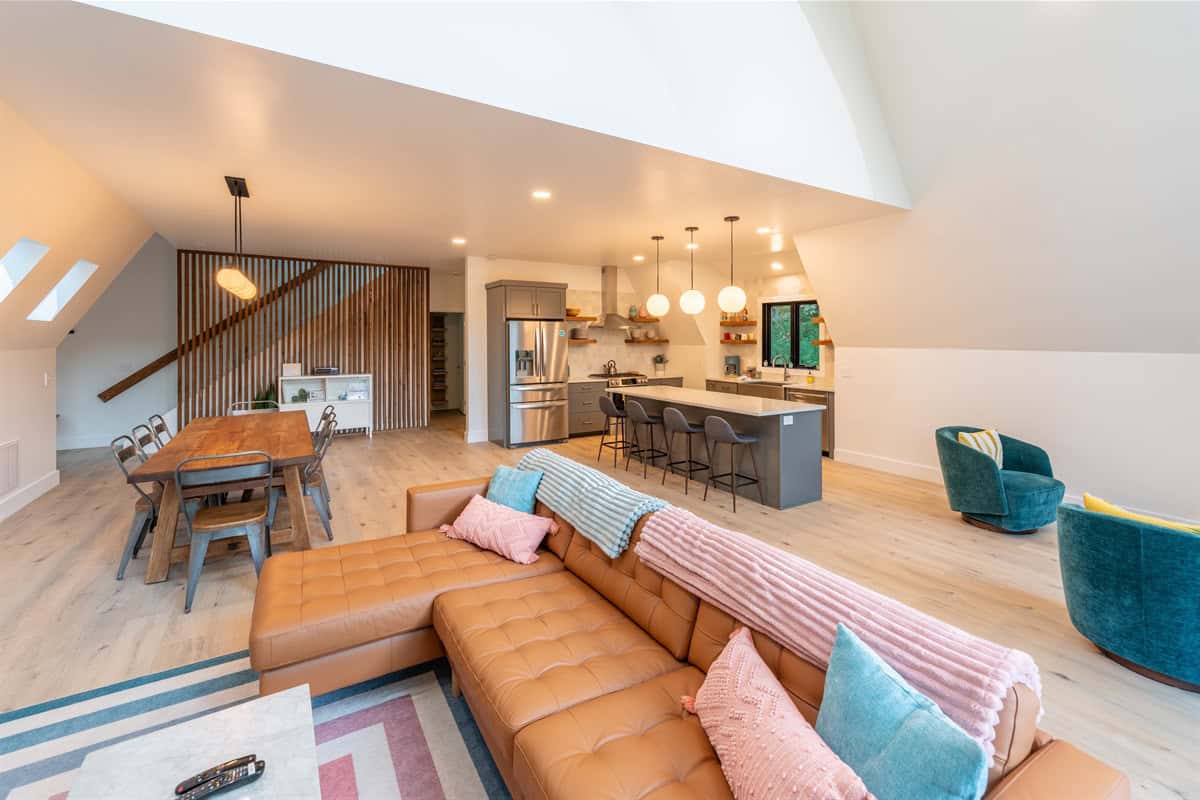 The Creekside mid-century modern living area and kitchen