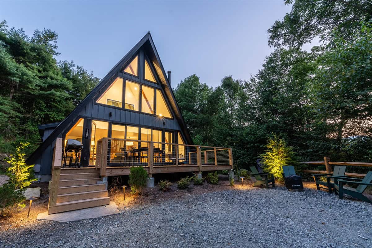 The Grove modern A-frame exterior at twilight near Boone, North Carolina
