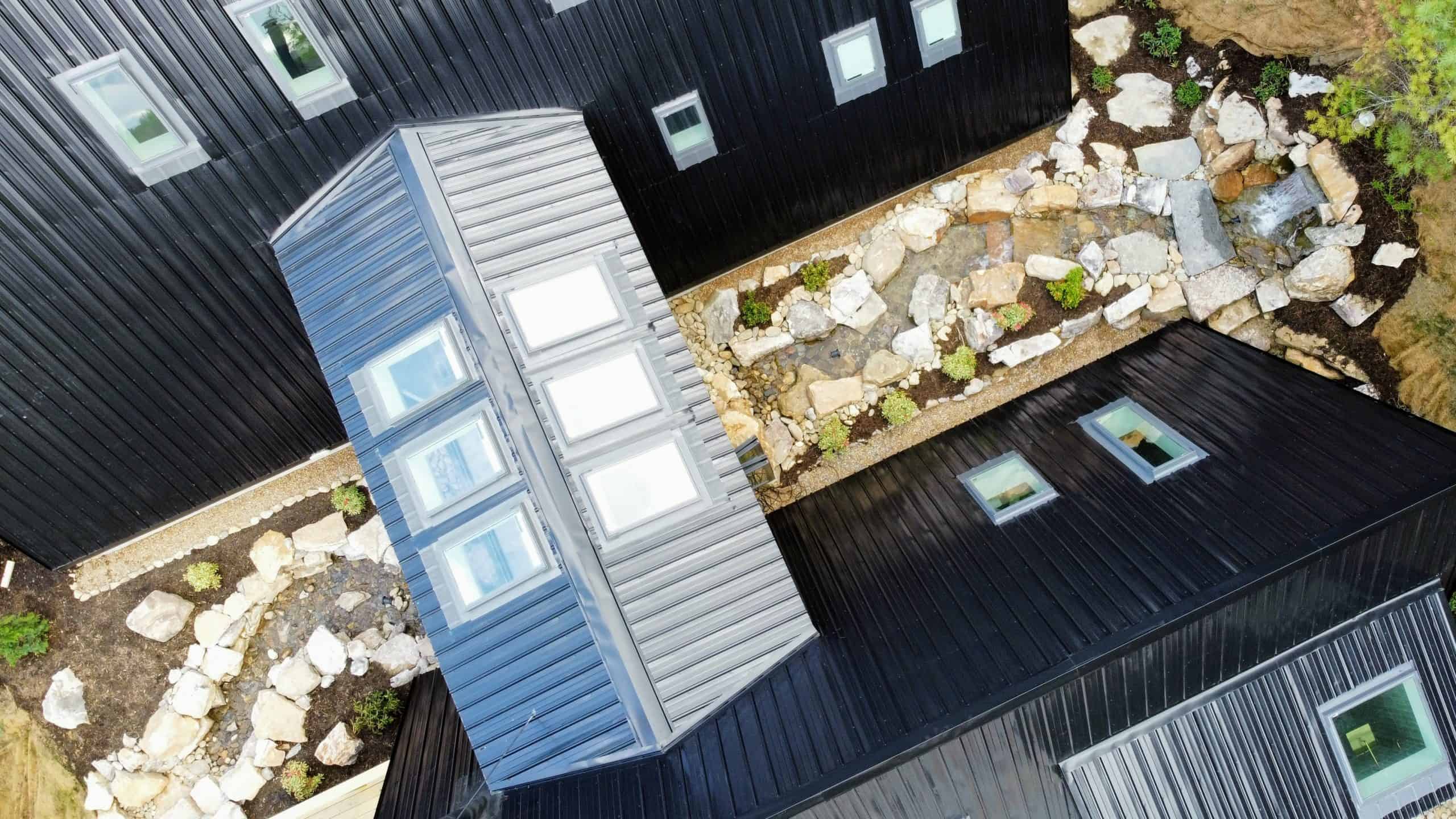 Aerial view of The Overlook water feature between the two A-frames